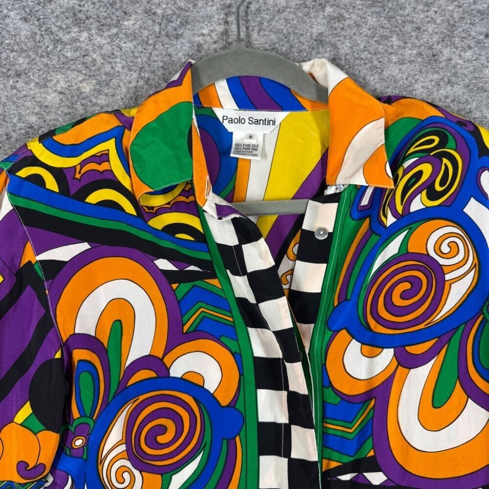 Vintage Paolo Santini Silk Blouse Multicolor Size 8 Retro Art Print Abstract - Picture 3 of 15